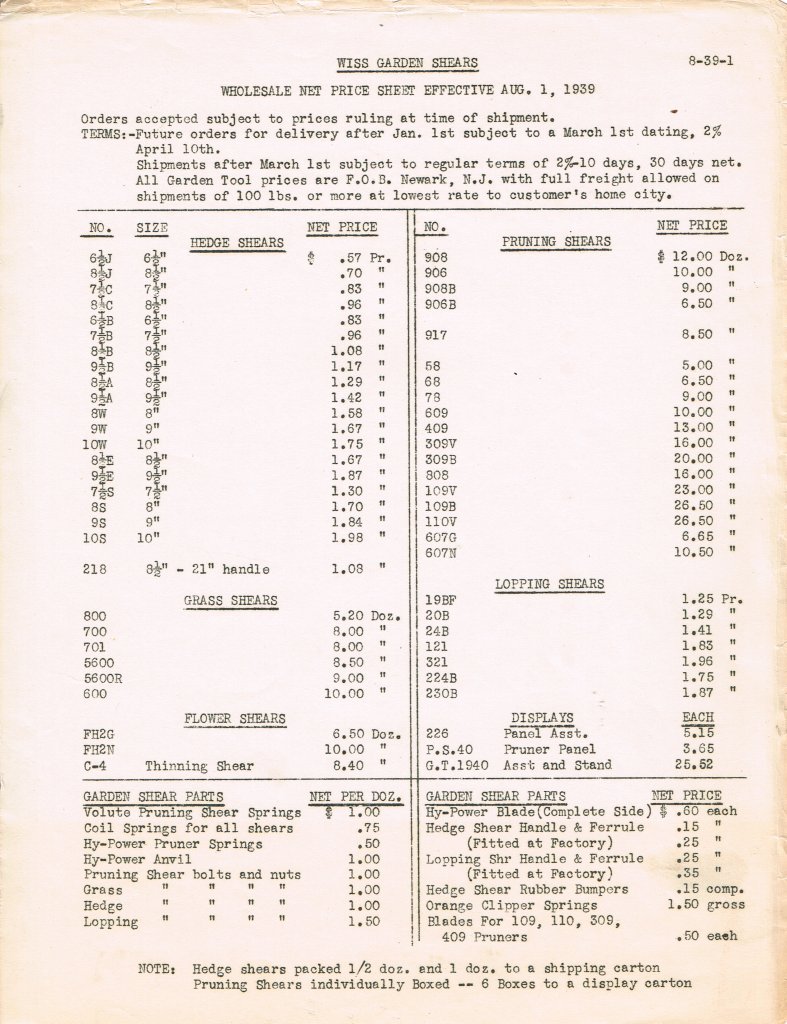GardenShearsPriceList1939