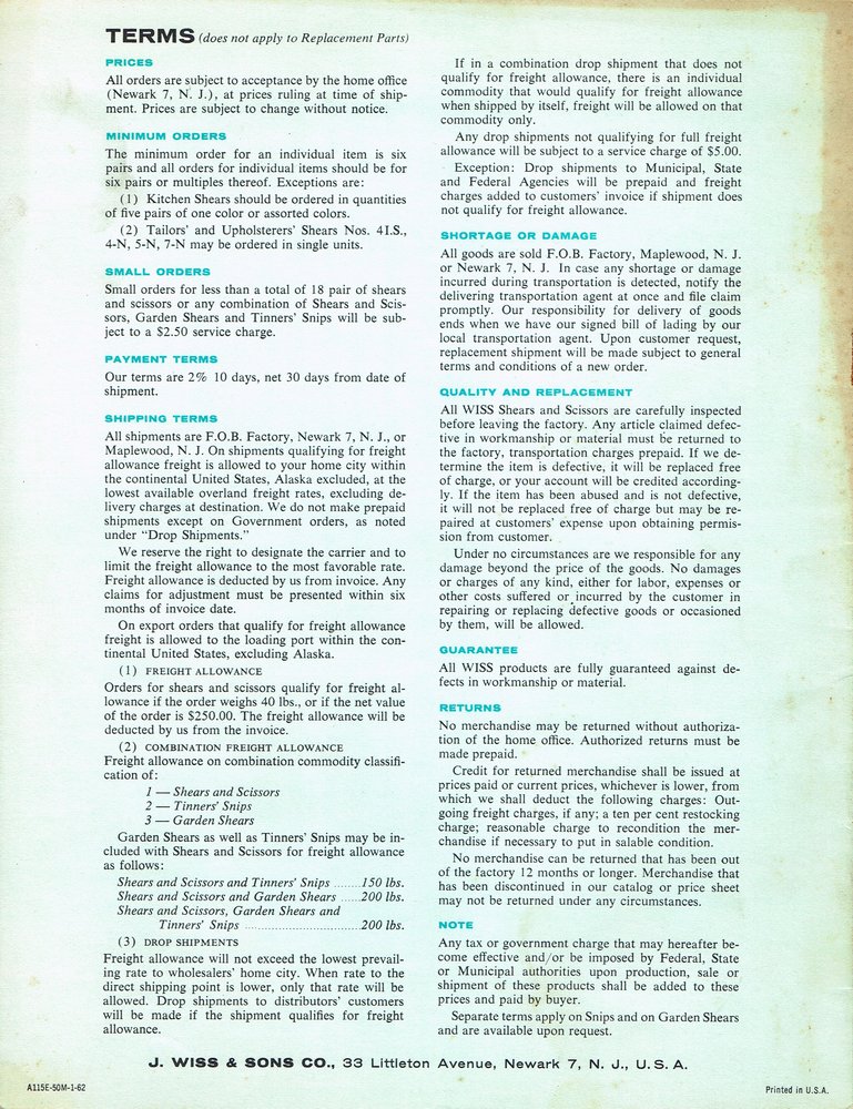 1962 Retail Price List Catalog: Back