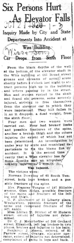 1920-10-21 Six Persons Hurt Elevator Falls