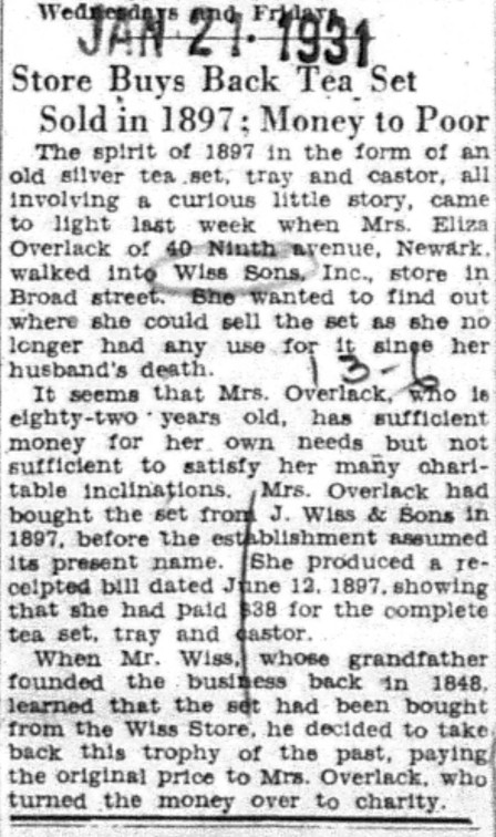 1931-01-21 Store Buys Back Tea Set Sold in 1897