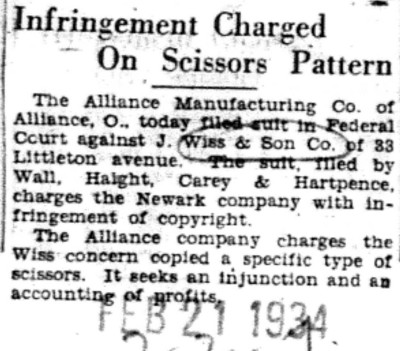 1934-02-21 Infringement Charged On Scissors Pattern