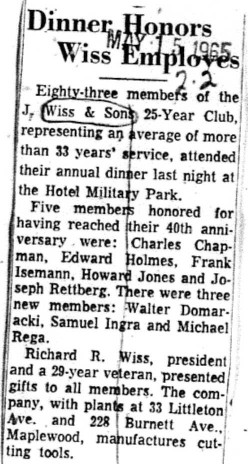 1965-05-15 Dinner Honors Wiss Employees