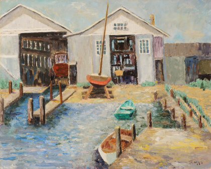 Bay Head Boatyard 1958 oil on wood