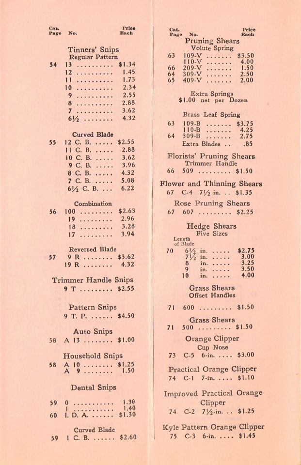 Price List 1929 cost per dozen 5